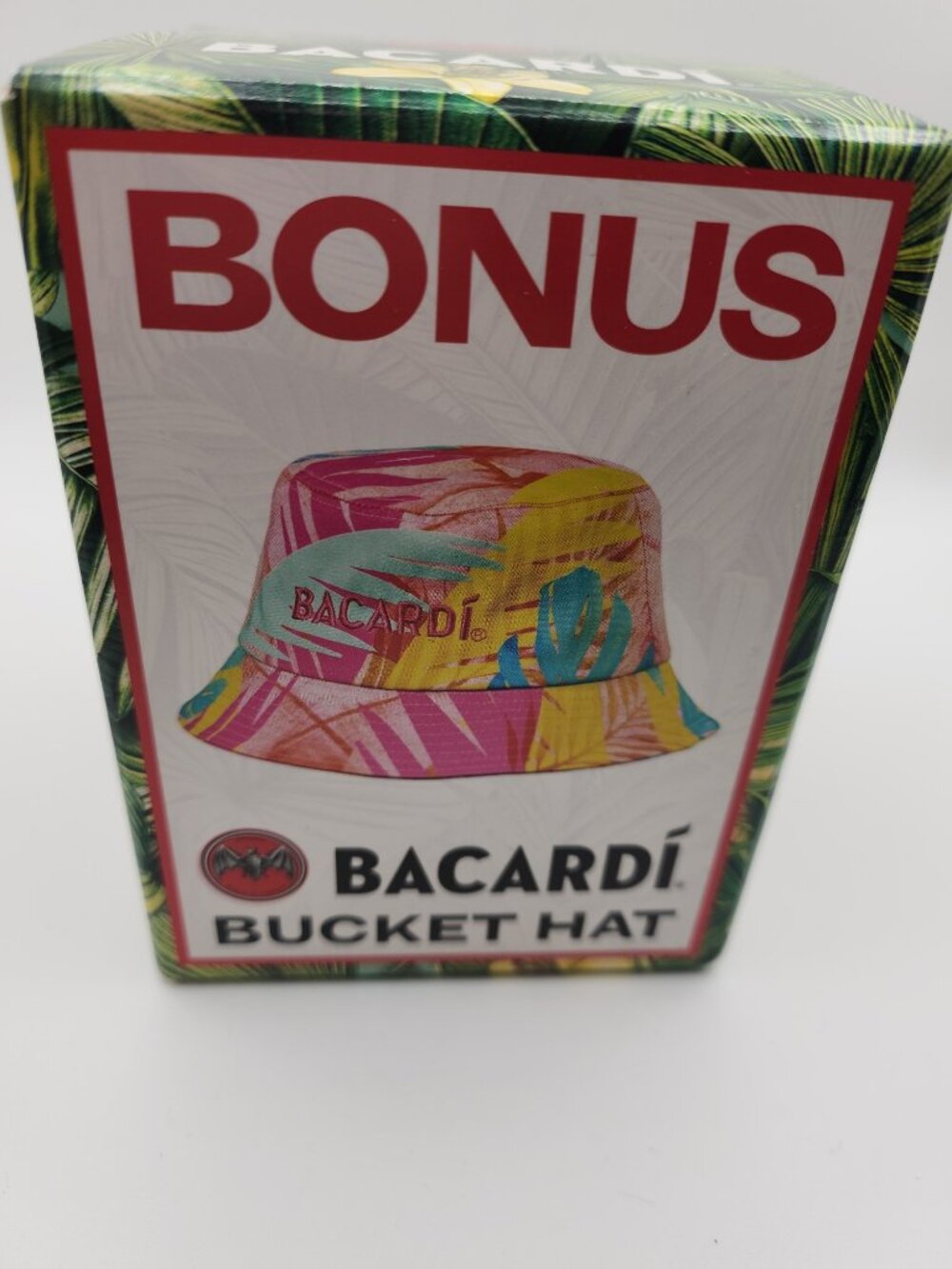Bacardi BONUS Bucket Hat Pink Yellow Tropical Palm Print New in Box Promo OS